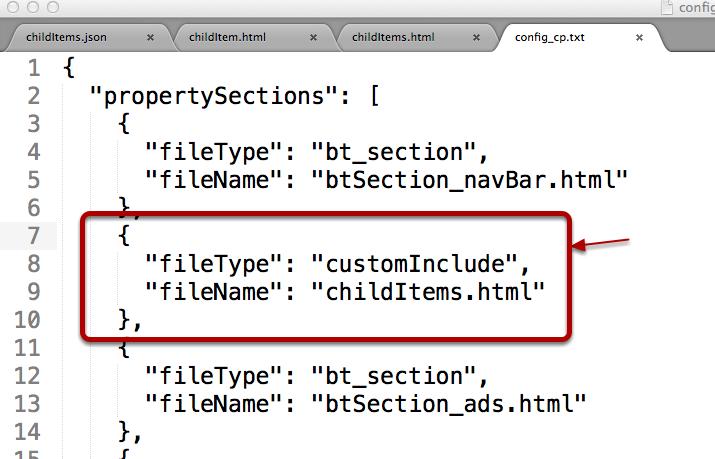 txt For filetype use 'custominclude' or 'custom' For filename use childitems.html (with an s) The file childitem.