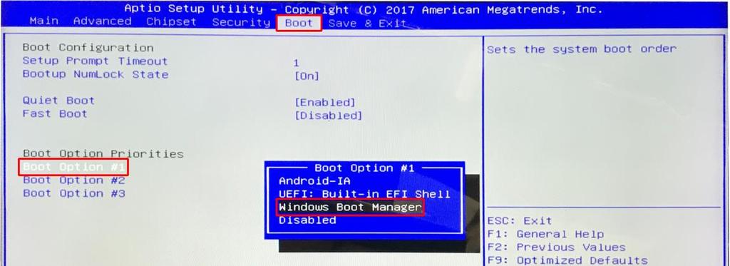 Navigate to and select the Boot tab, then select Boot Option #1 and choose Windows Boot