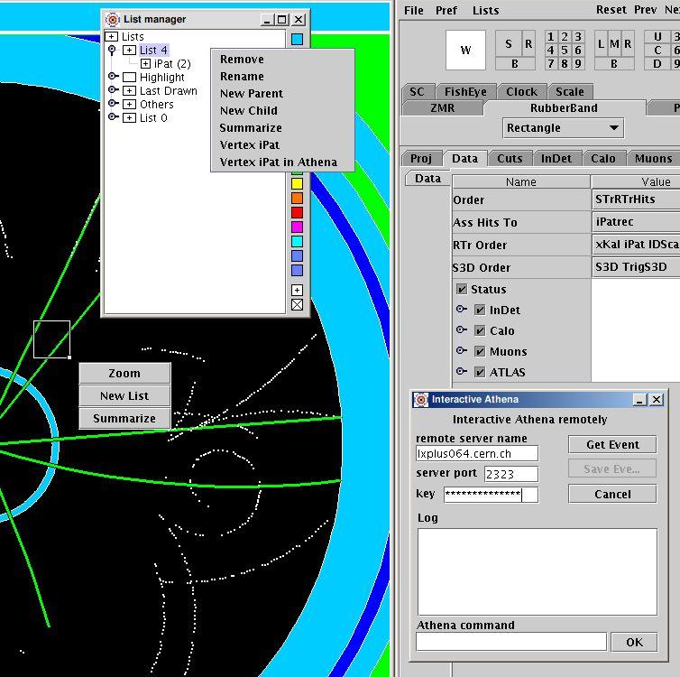 Interactive Athena - vertexing XY view, zoomed into ATLAS Inner Detector (2) put selected tracks into the list (internal Atlantis vertex fitter) (3) call Athena vertex fitter (1) select (rubberband)