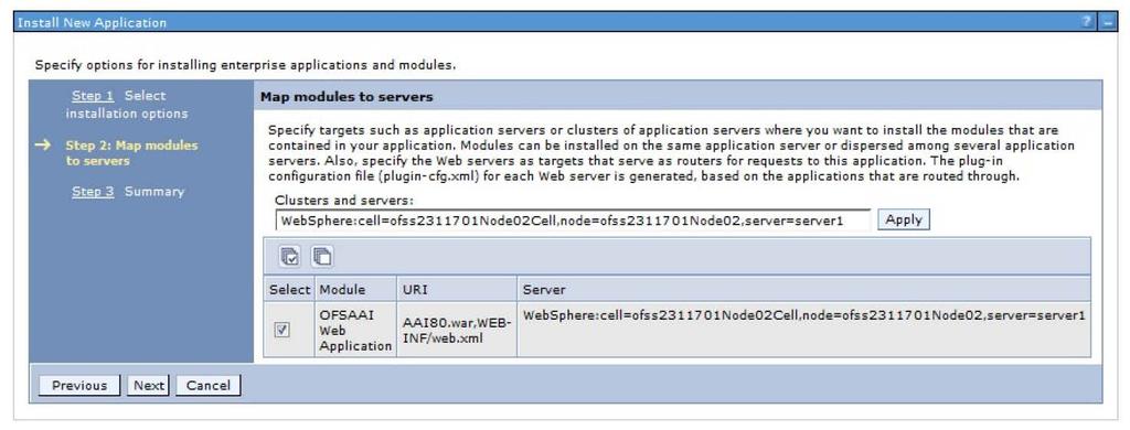 A Figure 86: Map Modules to Servers 9. Select the Web Application and click Next.