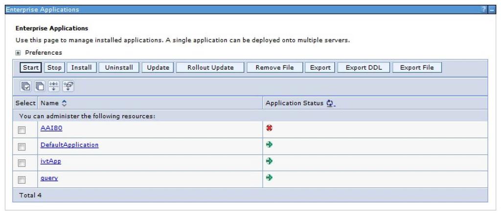 A Figure 90: Enterprise Applications 2. Select the installed application and click Start. NOTE: <profile name> is the profile name given while creating the WebSphere profile.