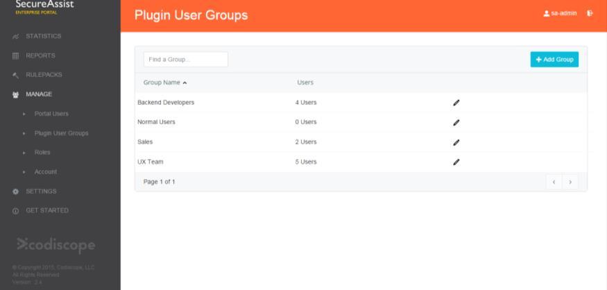 March 2016 Page 41 of 68 Plugin User Groups The Plugin User Groups screen is where you can create and manage groups of client-side plugin users of SecureAssist.