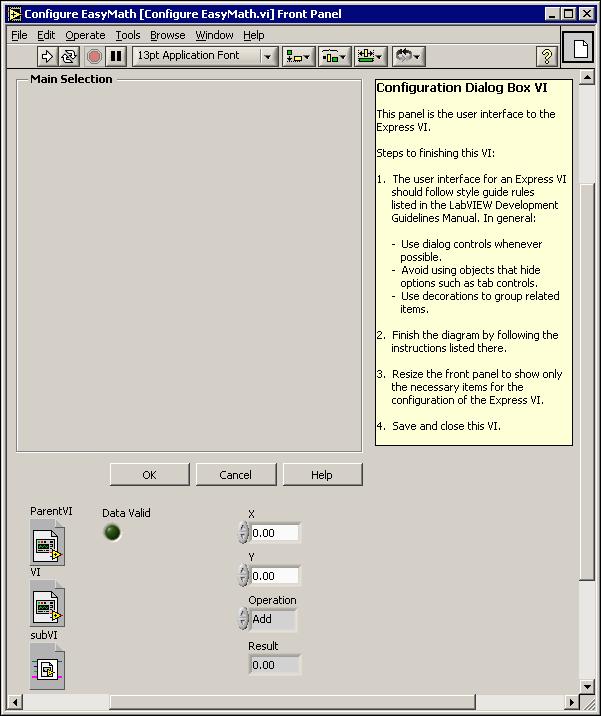 Figure 7. Configure EasyMath VI Front Panel 2. On the front panel, move the Operation control into the Main Selection frame.