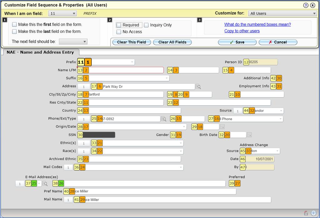 Customizing the Field Sequence and Properties for a Form box. Field identifier number tool tips are shown in yellow boxes, and tab sequence tool tips are shown in orange boxes.