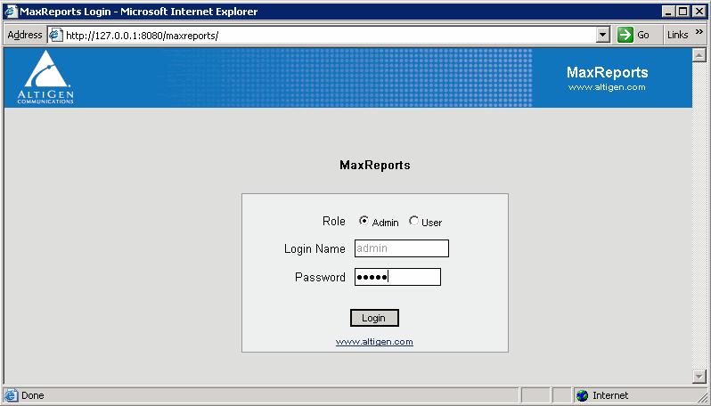 C HAPTER 2 Using MaxReports When logging into MaxReports, you can log in as an Admin role to access MaxReports administrative and configuration functions or as a User to access reports.