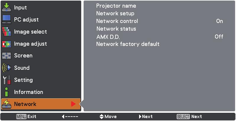 NETWORK menu To connect the projector and the computer by changing the setting at the time of purchase, change the setting by displaying the menu with the following procedure.
