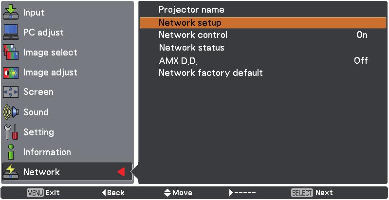 NETWORK menu (continued) Network setup You can make detailed wired LAN settings. Press to select [Network setup], and press <SELECT> button. The detailed [Network setup] screen will be displayed.