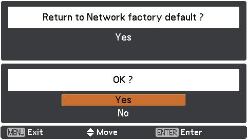 Network factory default You can reset the network setting to the factory default of the projector.