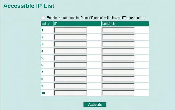 Accessible IP The PT-7728 uses an IP address-based filtering method to control access. You may add or remove IP addresses to limit access to the PT-7728.