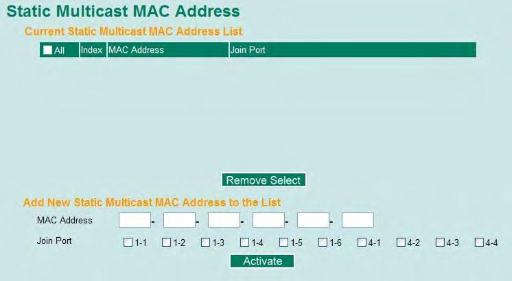Add Static Multicast MAC If required, the PT-7728 also supports adding multicast groups manually. Add New Static Multicast Address to the List MAC Address Input the multicast MAC address of this host.