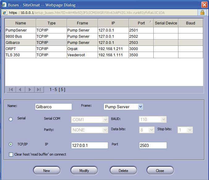 Figure 2-22. Buses Dialog Box 3. Set up a bus for use by Gilbarco Legacy & Gasboy 8800 pumps. Note: port number may differ. 4. Save the newly added Bus by clicking on the New button 5. Select the P.