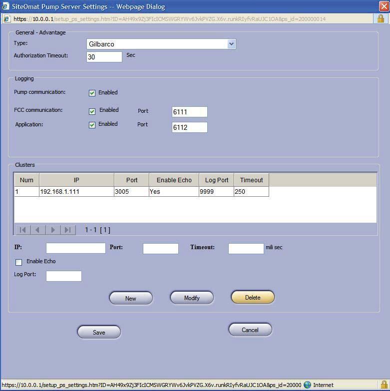 Figure 2-24. Pump Server Settings Dialog Box 9. Add a cluster for use by Gilbarco Legacy & Gasboy 8800 pumps. Be sure to select the Enable Echo checkbox when adding the cluster 10.