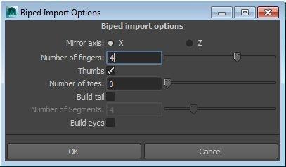 then Create Parts > Biped. Select the box to pop up an options dialog: Here you can choose your mirror axis, number of fingers and toes, etc.