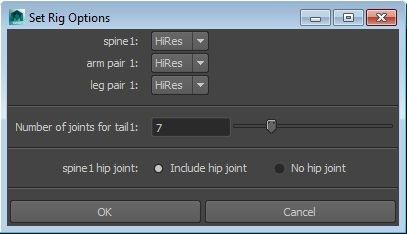 The Set Rig Options button will allow you to set the resolution of various systems, and also how the spine hip joint is handled: By default, all systems will be set to HiRres.