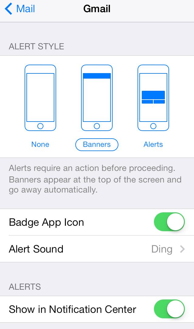 Setting iphone Notification Center Preferences (cont d) 5) Enable (or disable) account specific notifications: The alert type does