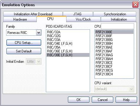 2.2 CPU Configuration With In-Circuit emulation besides the CPU family and CPU type the emulation POD must be specified CPU Setup In-Circuit Emulator Options dialog, CPU Configuration page Opens the