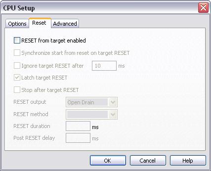 3.2 Reset Options CPU Setup, Options page RESET from Target Enabled When checked, the target