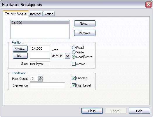 5 Access Breakpoints Memory access breakpoints act when the CPU accesses a certain location. In-circuit Emulators can intercept memory accesses to any external memory space of the CPU.