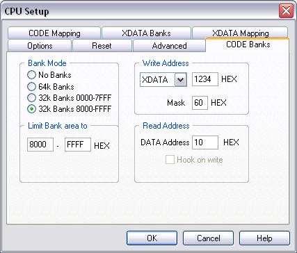 Examples: CPU setup for Philips H-8xC554, CODE Banks settings 1) Extra latch device mapped as XDATA is implemented on the target to switch banks.