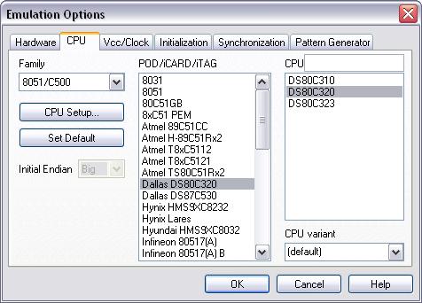 2.2 CPU Configuration With In-Circuit emulation besides the CPU family and CPU type the emulation POD must be specified (some CPU's can be emulated with different PODs).