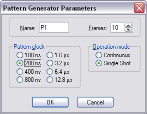 Name ic1000/ic2000/ic4000 Pattern Generator Parameters dialog Defines the name of the current pattern Frames Defines number of frames used in the pattern.