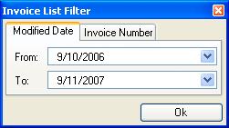 Select the Modified Date tab to enter a date range, or select the Invoice Number tab to enter a specific Invoice Number. Click Ok when finished to import the Transaction list.