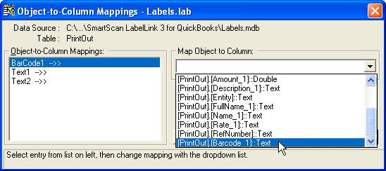 If the label contains Objects that are mapped to database fields, then a dialog box will appear that you can dismiss by clicking OK, followed by the Object-to-Column Mappings window.