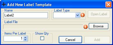 This will bring up the Add New Label Template dialog box: This dialog provides options for naming the label, selecting whether the label is a BarTender or Wasp label, opening the label template in
