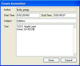 Use the blue tracker ball to highlight an entire call or just a section of a call. Click the Insert Annotation button as shown below. This will open the Create Annotation box.