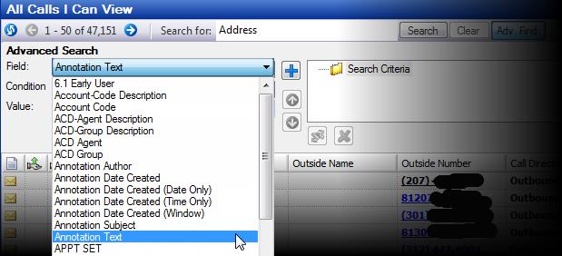For example: If you want to search for an annotation with a subject of Address as shown above, a basic search would return results for all calls with Address in any field.