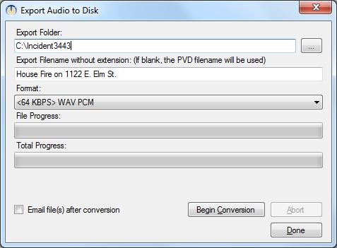 EXPORT MULTIPLE CALLS RELATED TO AN INCIDENT The ability to select one or more calls audio for export is a permission that can be allowed or denied. MP3, WAV, and PVD formats are supported.