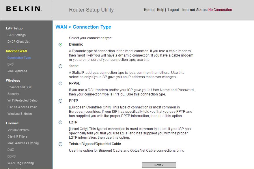 Your ISP connection settings are provided to you by your ISP. To configure the Router with the settings that your ISP gave you, click Connection Type (A) on the left side of the screen.