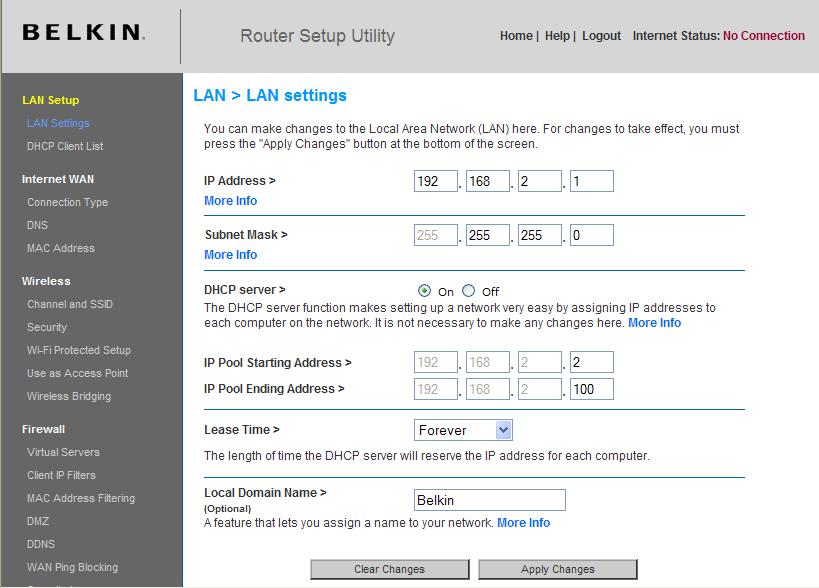 Changing LAN Settings All settings for the internal LAN setup of the Router can be viewed and changed here.