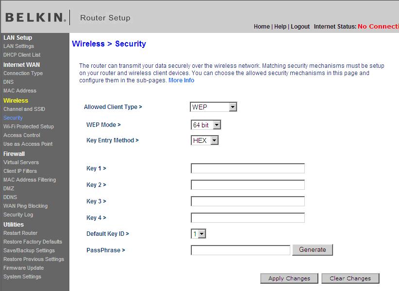 Using the Web-Based Advanced User Interface WEP Setup 64-Bit WEP Encryption 1. Select 64-bit WEP from the Security menu s Security Mode. 3. Click Apply Changes to save the setting. 2.