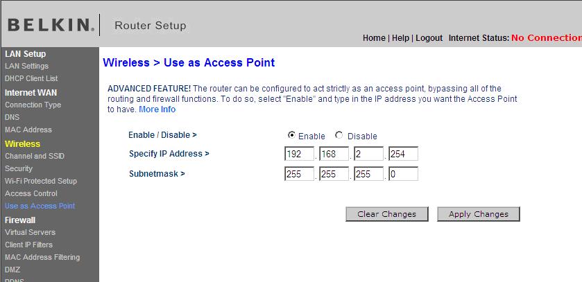 Using the Web-Based Advanced User Interface The Router is now acting as an access point.