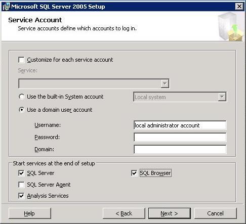 Step 10 Service Account Click on Use a domain user account, enter the username, password, and domain with appropriate