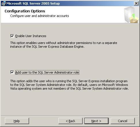 Step 10 Configuration Options If you check Add user to the SQL Server Administrator role this will add the current user to the admin group of the SQL server.