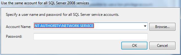Specifying account for SQL Server 2008 services Select a service account available in the