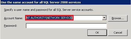 Step 14 Specifying account for SQL Server 2008 services Select a service account available in
