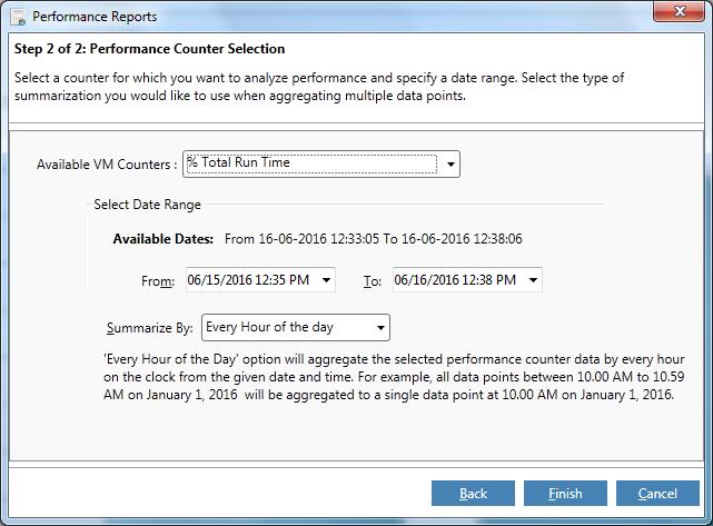 Available Dates shows the start and end date range value for collected data of the selected counter Summarize By option shows the following details as shown below: Every 15 minutes of the day -