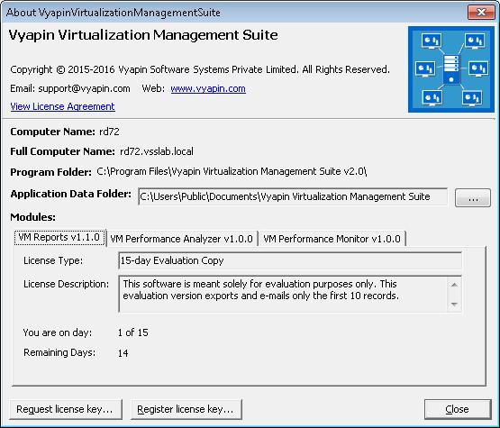 Select Help -> About Vyapin Virtualization Management