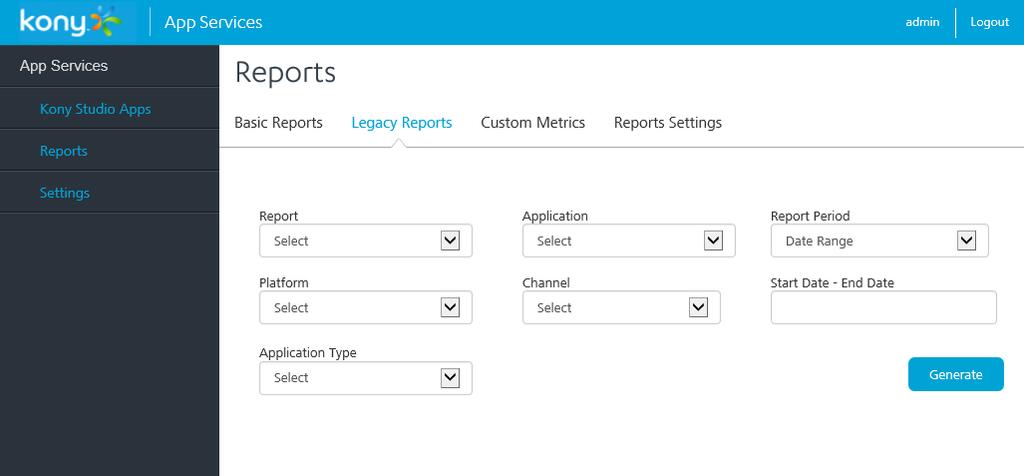 5. Using Legacy Reports Kony MobileFabric Integration Service Admin Console User Guide To generate a legacy report, follow these steps: 1. Select a report type from the Report list. 2.