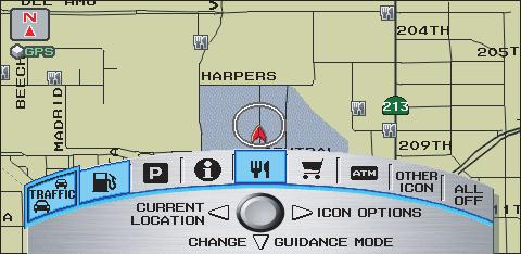 Driving to Your Destination Showing Icons on the Map Selecting Show Icon on Map from the Map menu (see page 57) displays the following screen: The screen consists of the following items: Icon Bar