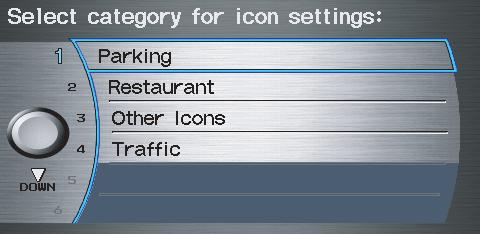In the screen above, traffic, gas stations, and restaurants are selected. Rotate the Interface Dial knob and push in to select (goes blue) or remove them (goes gray).