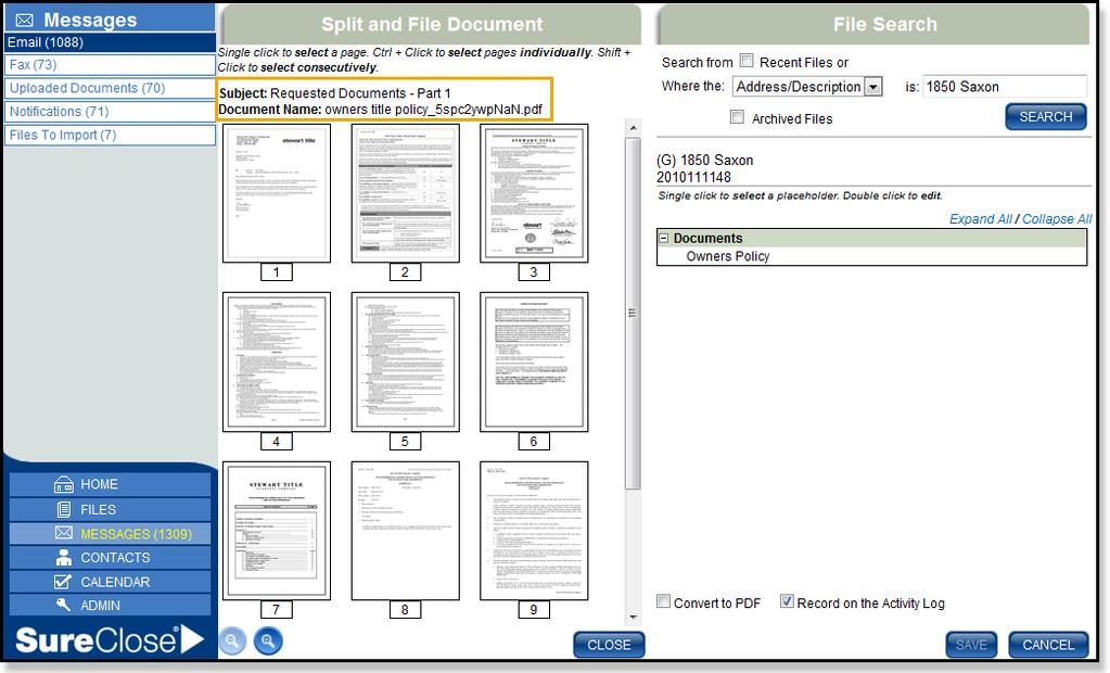 Displaying Email Subject and Document Name when Splitting Documents When splitting documents from Messages, notice two new options have been added: Subject and Document Name.