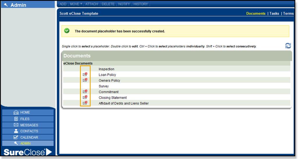 eclose icons display under eclose Documents to easily identify placeholders that have been marked,