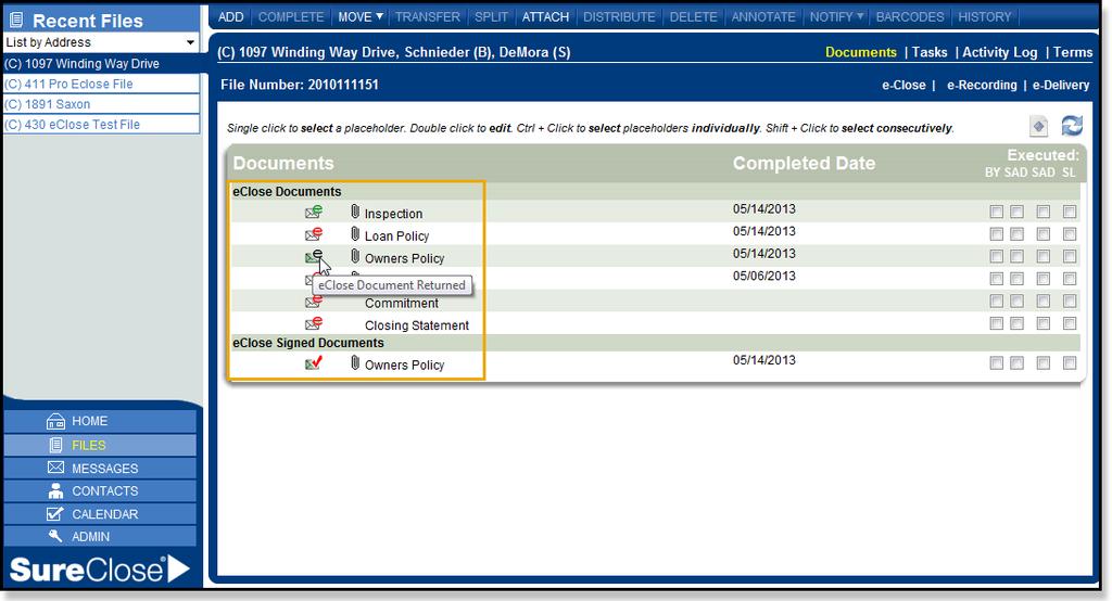 Displaying Icons for eclosing Documents New icons have been added to the Documents page to identify the various states of an eclose document.