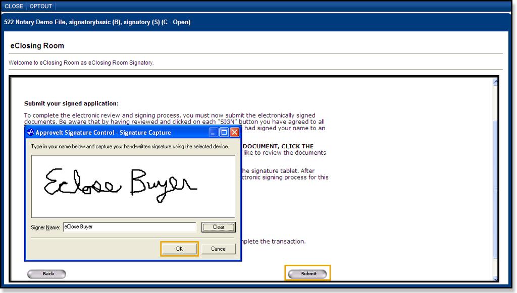 The signer must click Submit to apply their electronic signature to each accepted Signature and Initial block.