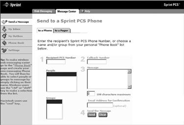Sprint PCS Wireless Web Messaging This option allows you to receive text messages on your phone. To send a message to a phone, you need to access the sprint website. The web address is: http://www.