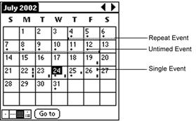 An event conflict (time overlap) displays in the Week view as overlapping time bars and in the Day view as overlapping brackets to the left of the conflicting times.